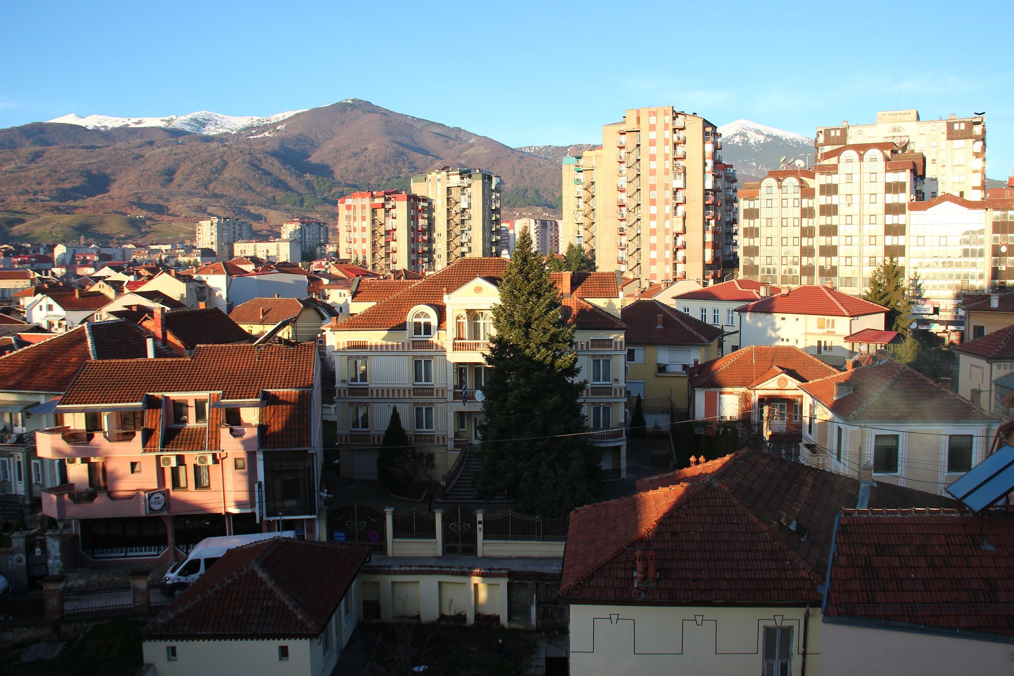 A city skyline backed by mountains in North Macedonia
