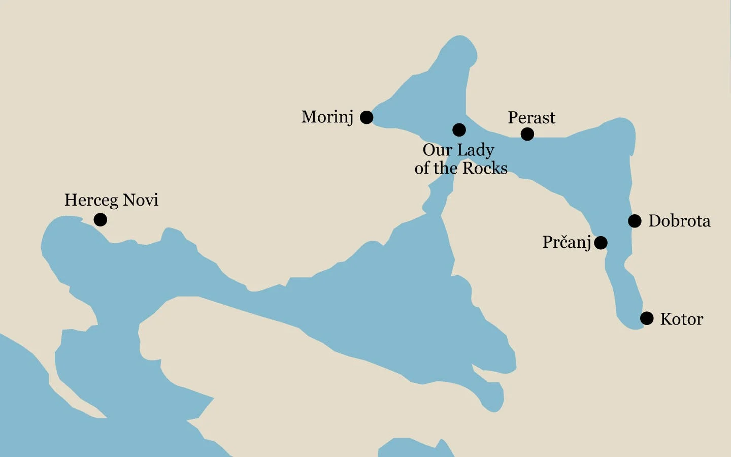 A map of the Bay of Kotor shows cities dotting the bay