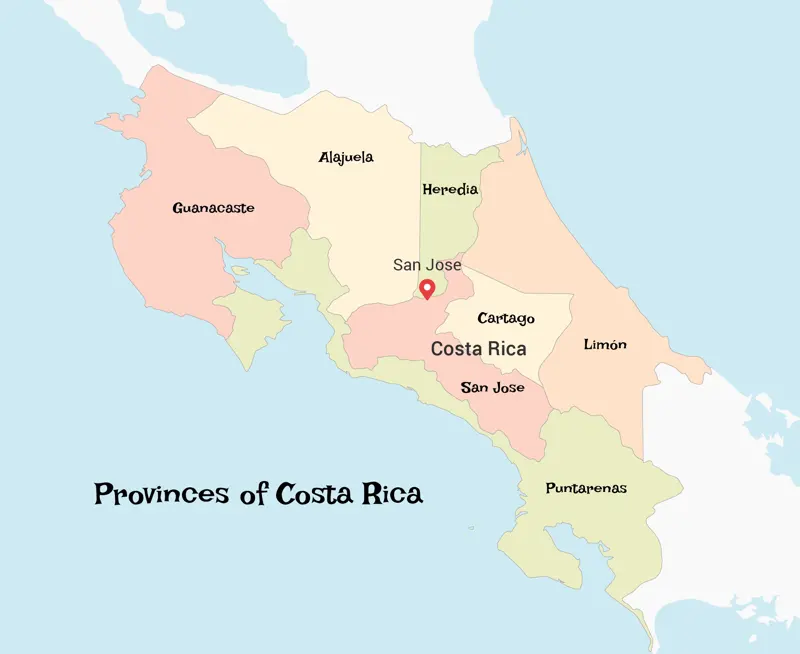 A map of Costa Rica and its seven provinces.