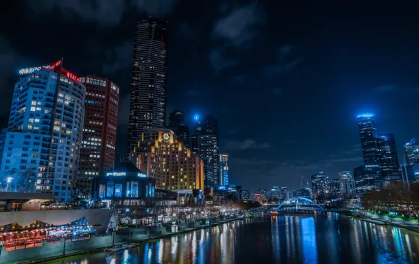 The skyline of Melbourne for coworking spaces at night