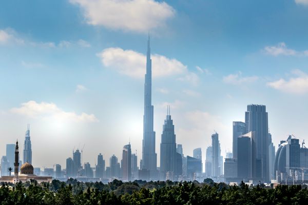 A silver Dubai skyline highlights the Burj Khalifa, Sheikh Zayed buildings and foliage in the foreground